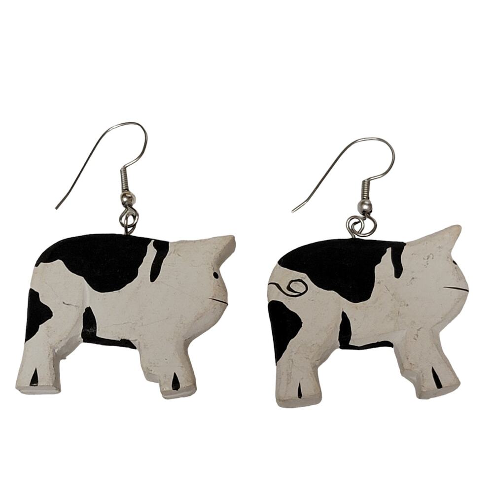 Cow Earrings Primitive Wood Dangle White Black Pierced Painted Country Farm Fun‎